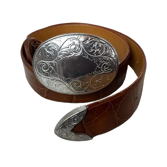 Zele Western Belt  Women's M  Brown Croc Embossed Leather w Decorative Buckle - Picture 1 of 9